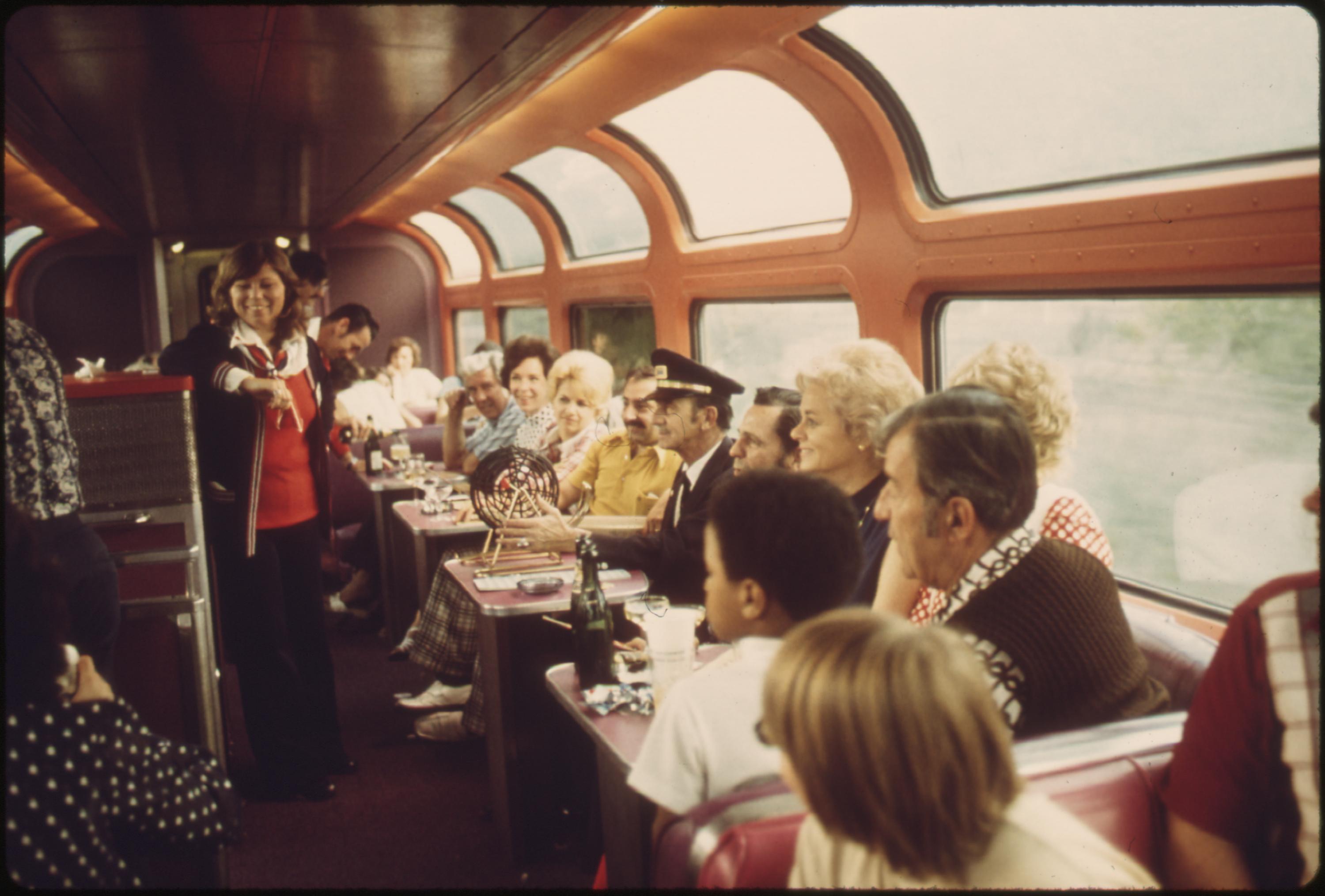 Bingo is available for passengers who wish to play in the lounge car of the Southwest Limited enroute between Albuquerque New Mexico, and Dodge City, Kansas, June 1974