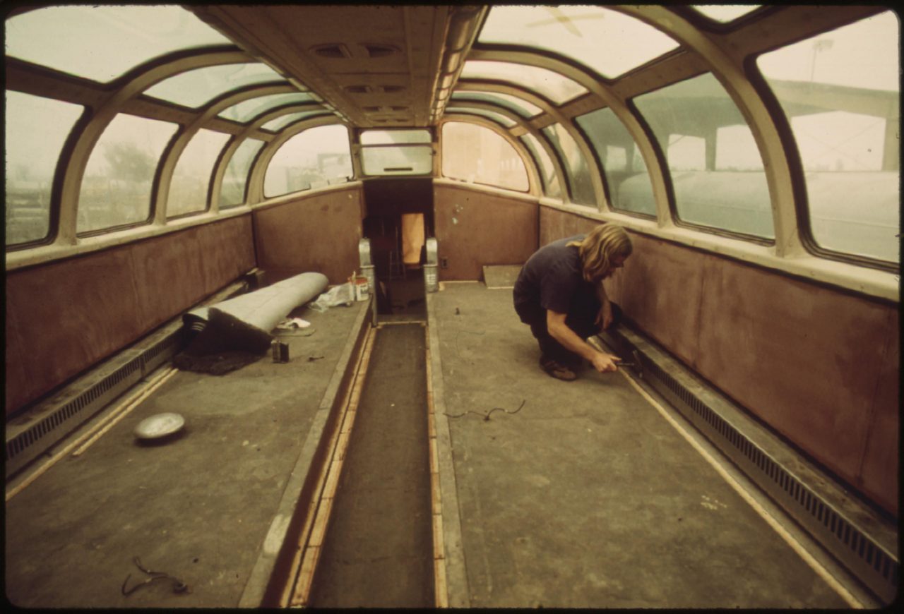 Interior of an Amtrak dome passenger car has been stripped at a plant in Mira Loma, California, near Riverside, May 1974