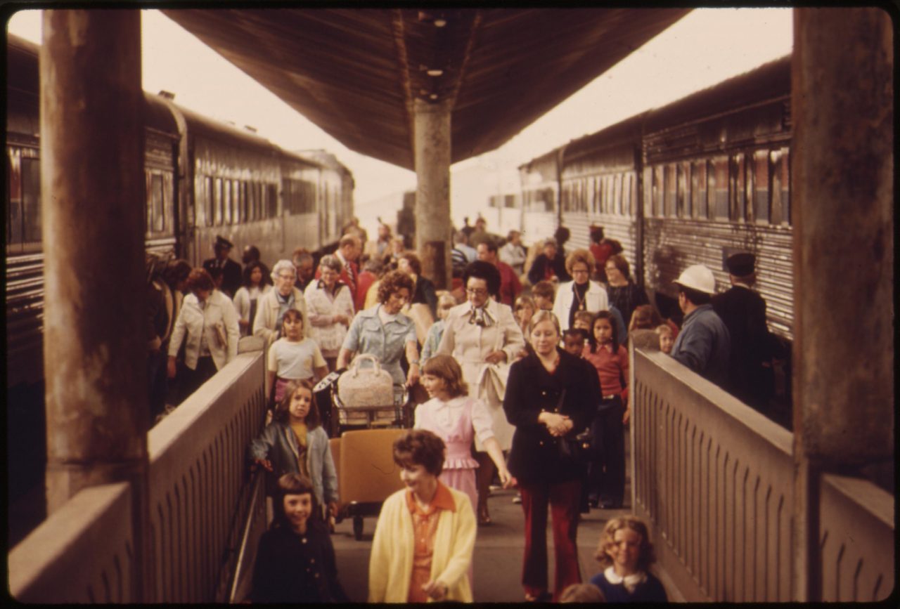 Passengers who have just arrived head into the Los Angeles Union Passenger Terminal after riding on Amtrak trains, May 1974