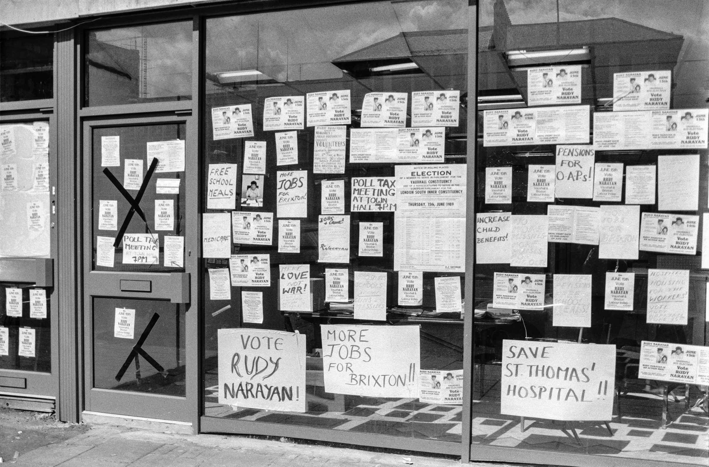 Vote Rudy Naryan, Shop Window, Brixton Rd, Brixton, Lambeth, 1989