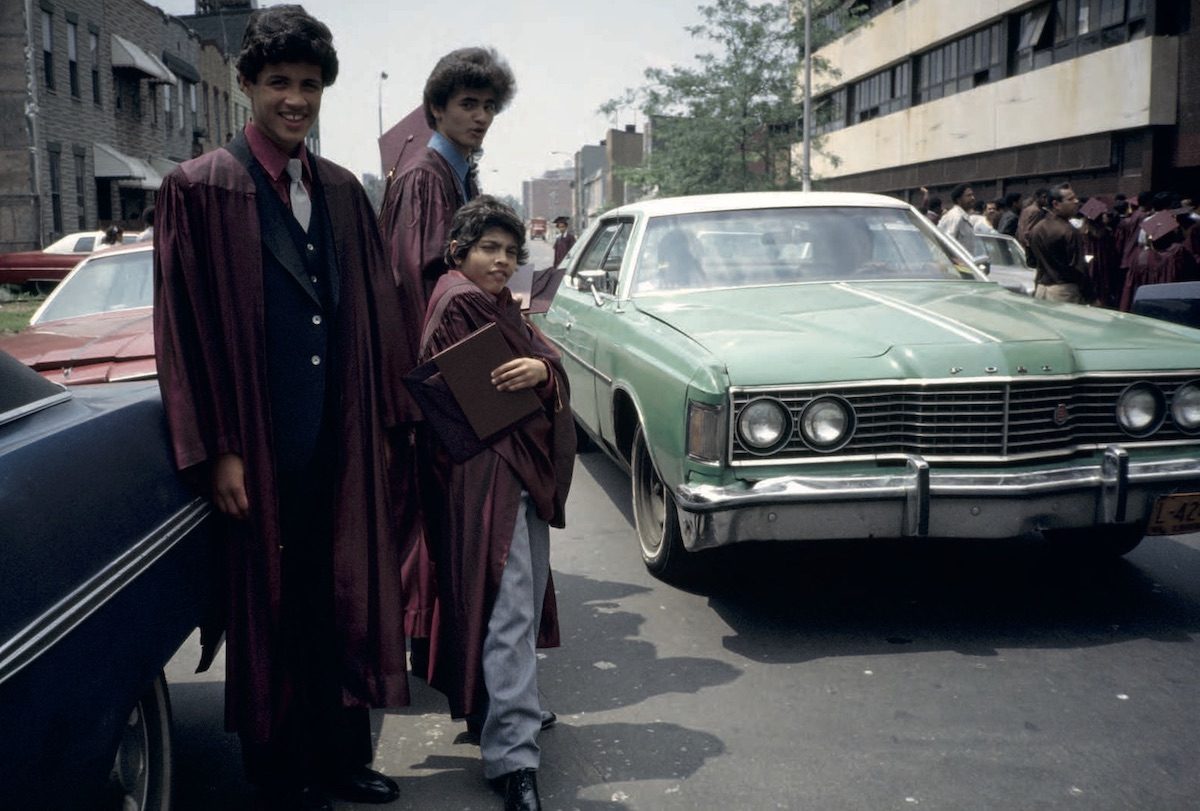 Three IS 291 Grads Pose Near Cars Palmetto St., Bushwick, Brooklyn, NY. June 1982