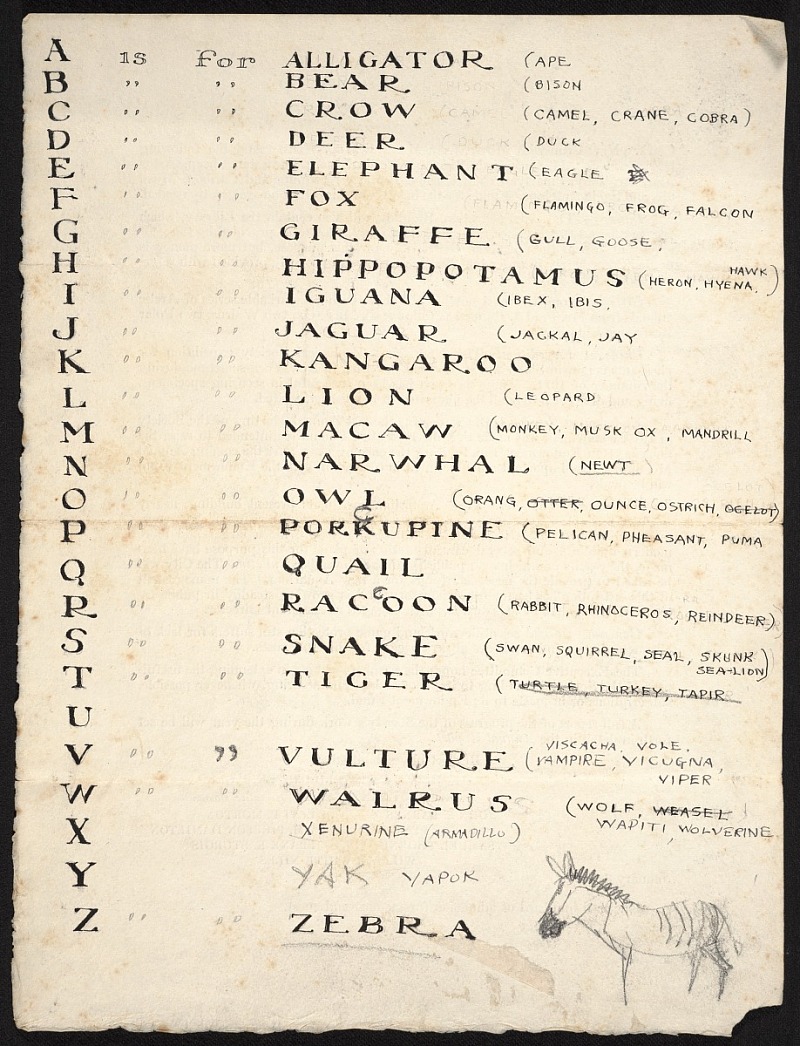 Paul Bransom. Alphabetical list of animals, ca. 1911.