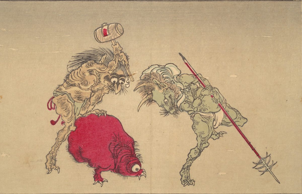 At right, a horned demon bears a spiked spear. At left, a beaked demon wields a wooden mallet over a one-eyed red demon’s head.