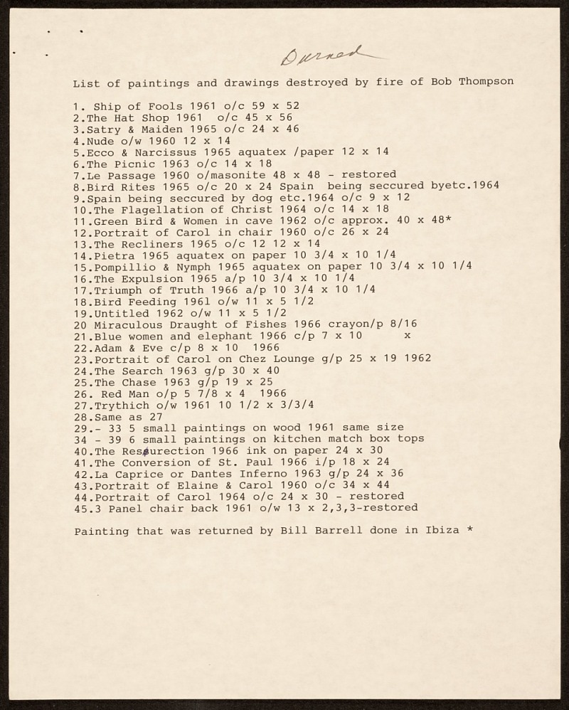 List of paintings and drawings destroyed by fire of Bob Thompson, 1977. Bob Thompson papers, 1949-2005. Archives of American Art, Smithsonian Institution.