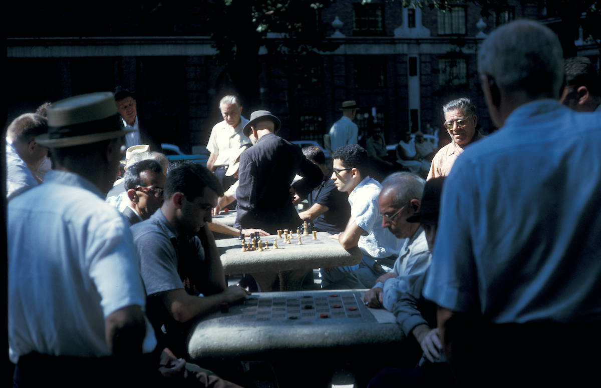 New York, Manhattan, men playing checkers and chess in Washington Square Park 62