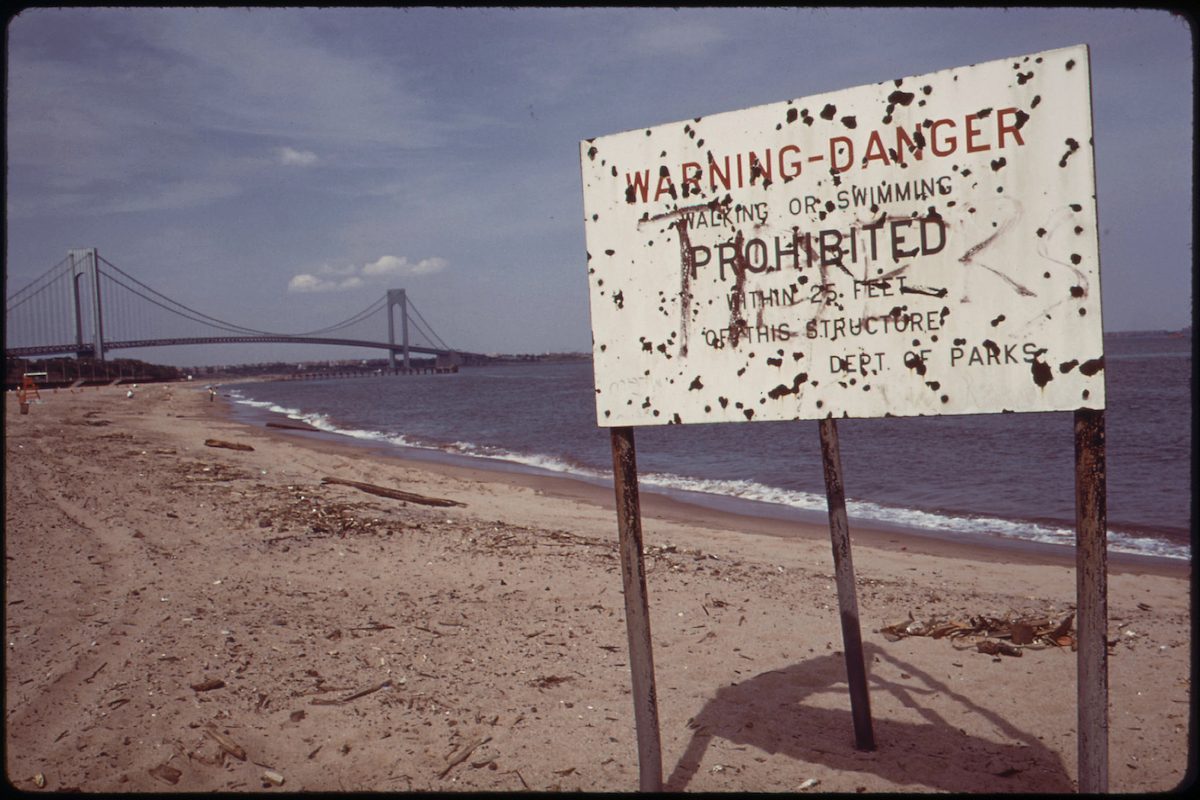 Warning of Polluted Water at Staten Island Beach Verrazano-Narrows Bridge in Background 06_1973
