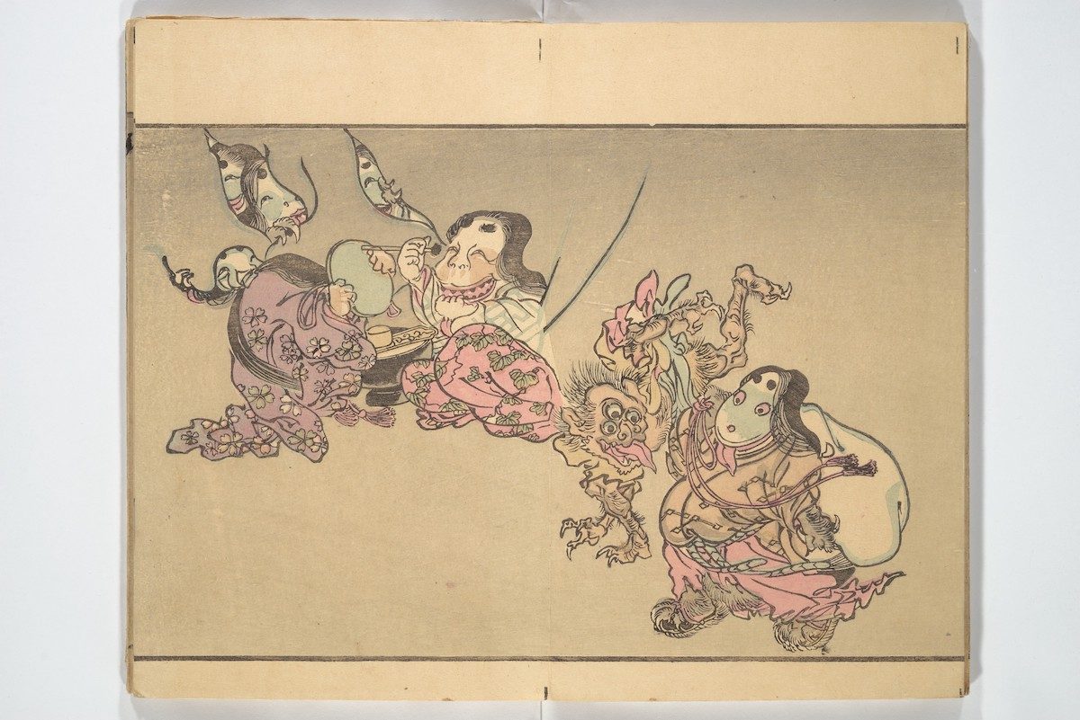 At left, a monster holds up a mirror for an Otafuku-esque ghoul to apply black dye to her teeth. At right, a chubby faced figure carries a bag beside a three-eyed ghoul.