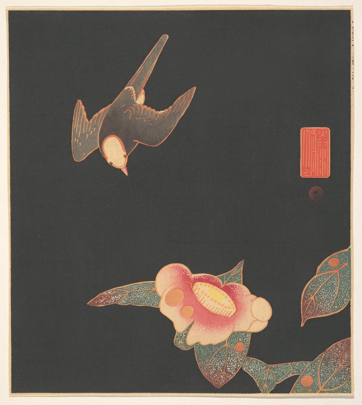 Swallow and Camellia (ca. 1900) illustration by Ito Jakuchu.