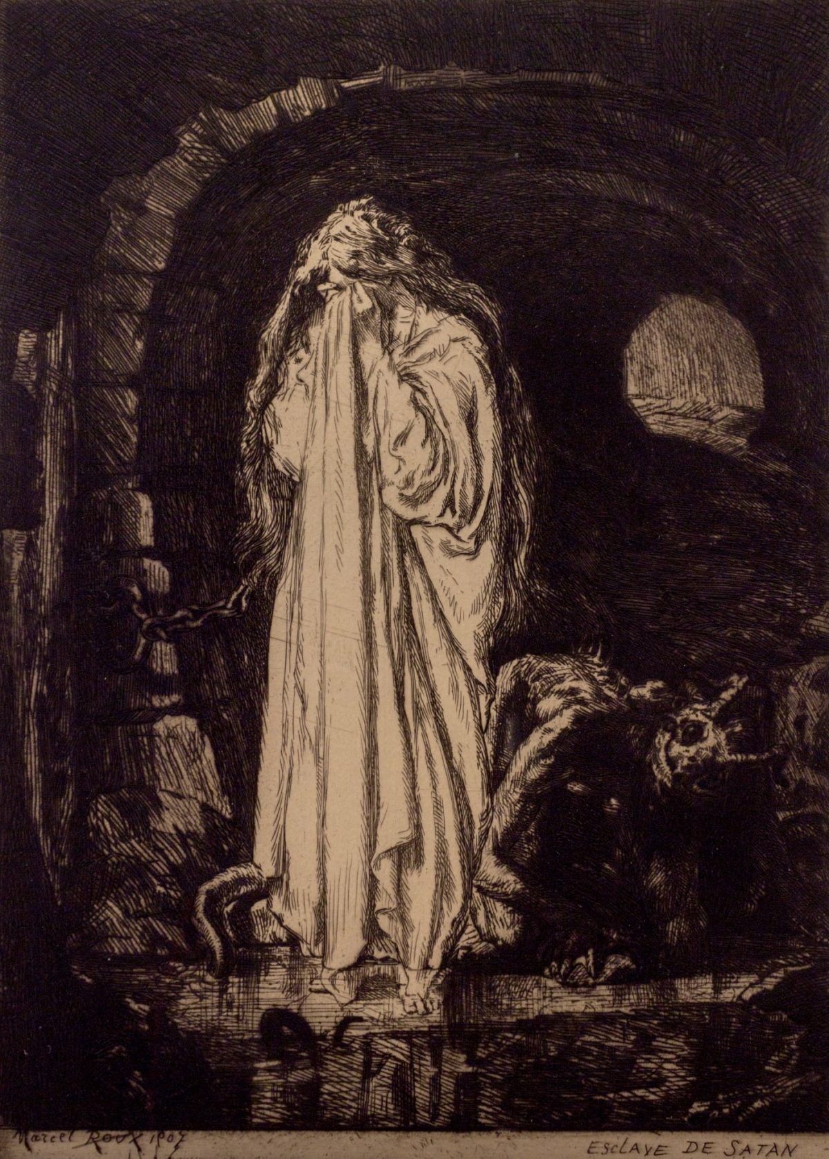 Marcel Roux, engraving, etching, evil, Satan, 1900s, demons