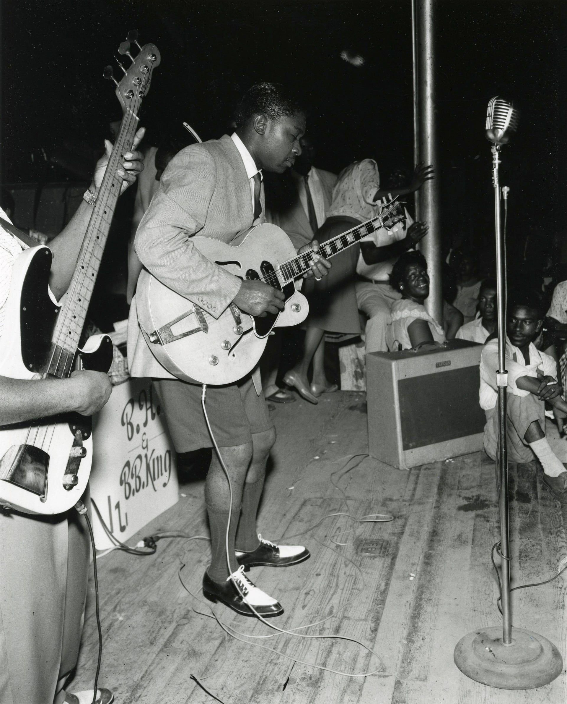 BB King on stage at the Hippodrome, Beale Street in Memphis, TN, with Bill Harvey, c 1950