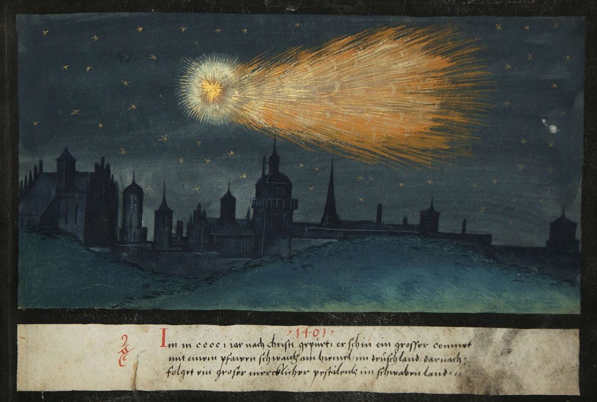 1401 -- "In the year A.D. 1401, a large comet with a peacock tail appeared in the sky over Germany. This was followed by a most severe plague in Swabia."