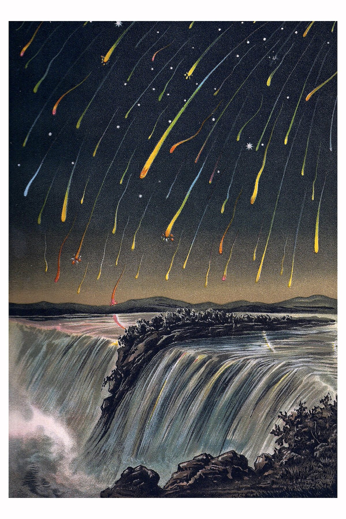 Leonid meteor shower over Niagara FallsIllustration from Edmund Weiss, Bilder-Atlas der Sternenwelt [Image atlas of the star world], Stuttgart, 1892 via Smithsonian (3)_1