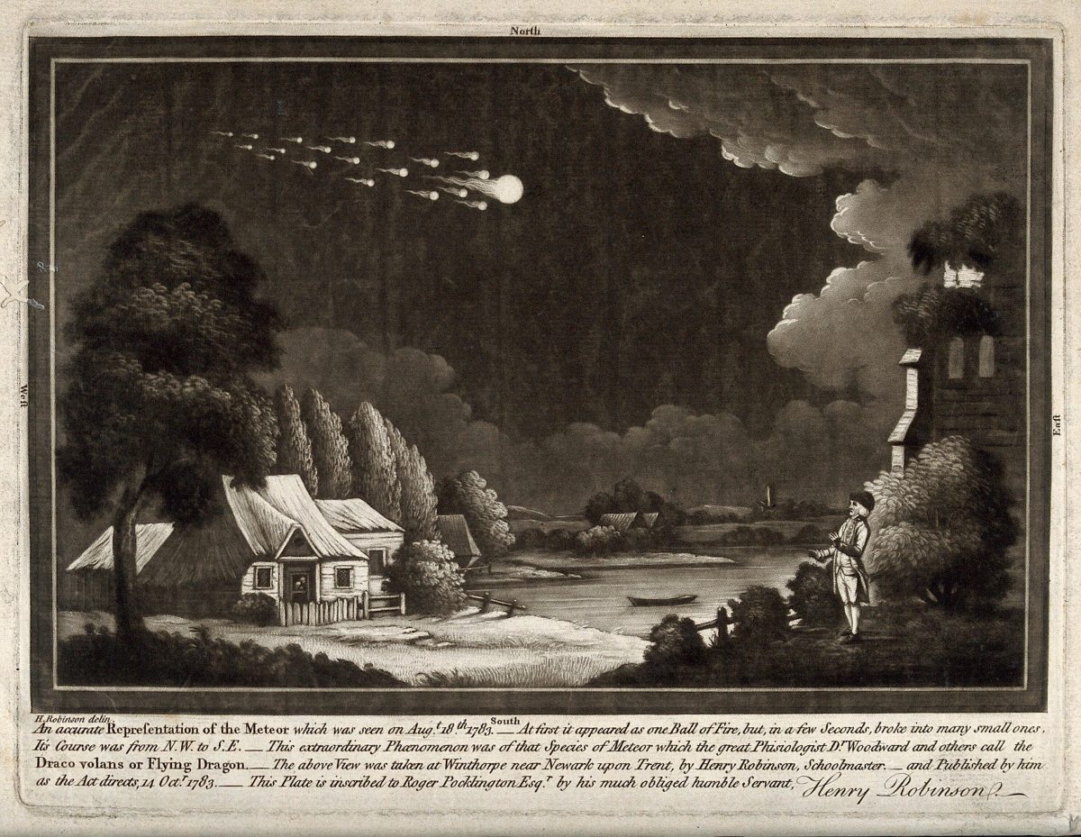 Astronomy: a meteor shower in the night sky. Mezzotint, after 1783 