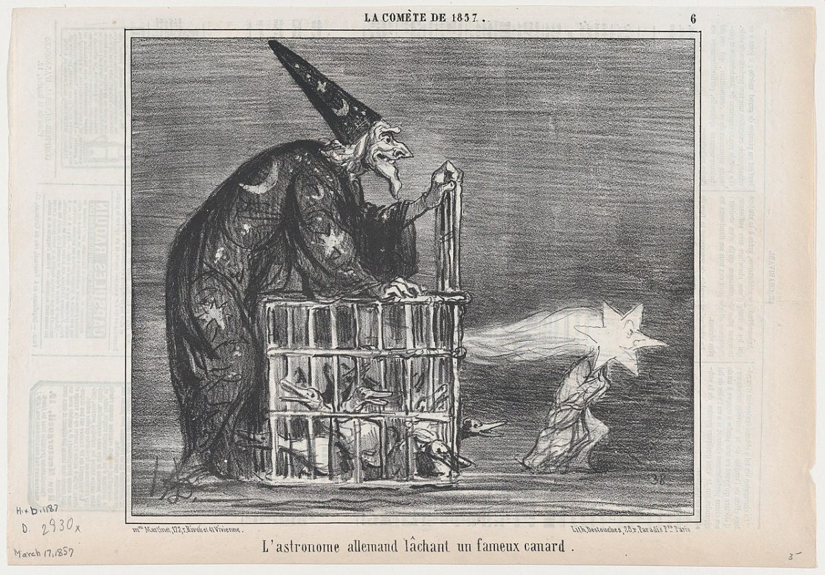 Honoré Daumier, “The German astronomer releases a famous canard”, illustration for Le Charivari, 17 March 1857.
