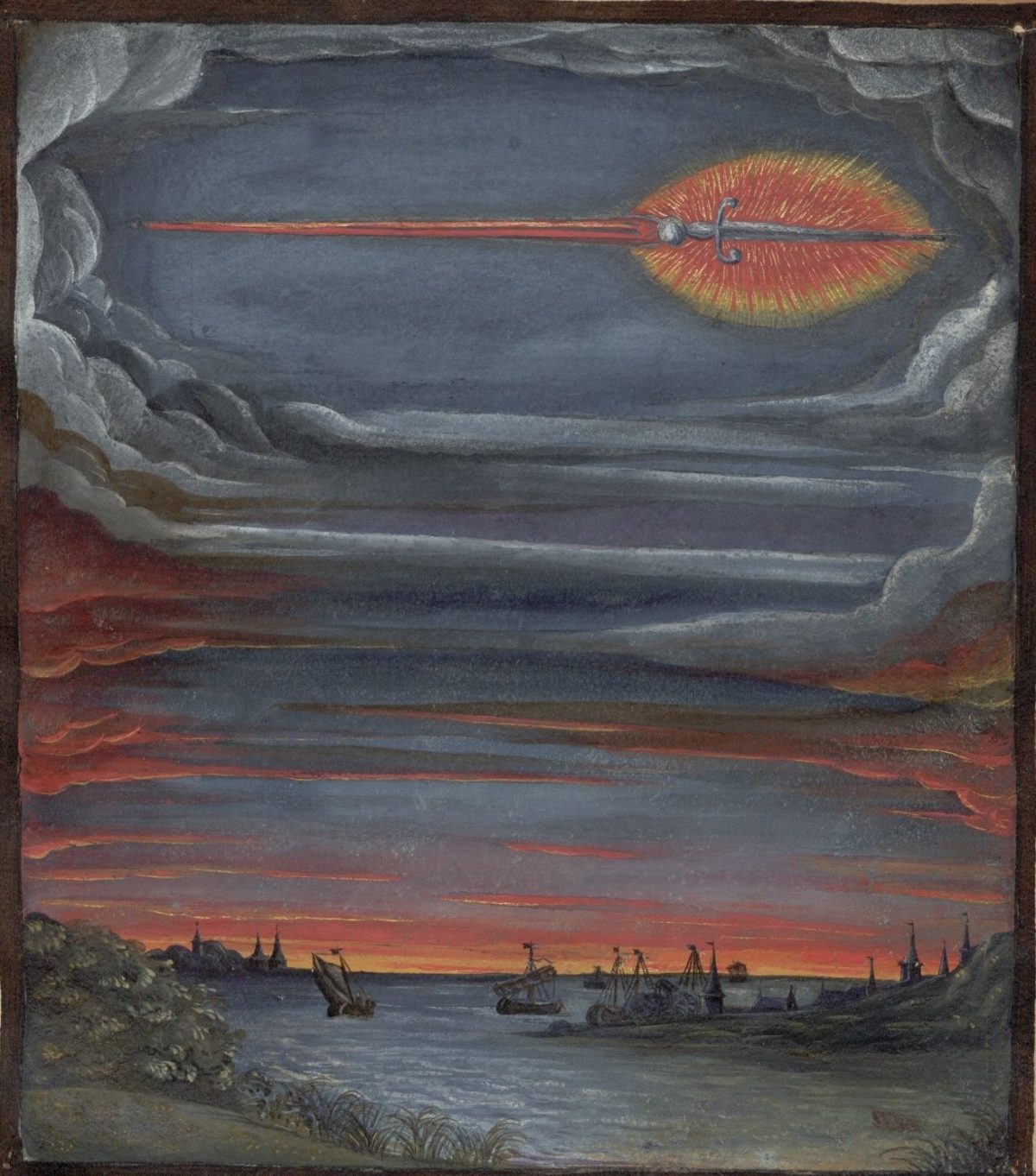 Watercolour from the Comet Book ('Kometenbuch') a 16th century album of stylised sketches of both comets and meteors produced in Flanders or Northern France, ca. 1587