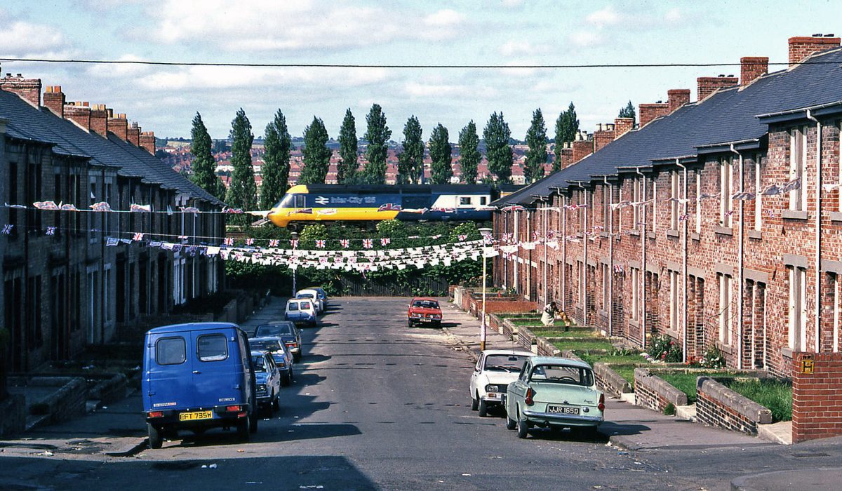 C & D wedding celebration flags Macadam St Gateshead 08-81 (T Ermel) The flags are out to celebrate the Royal Wedding of Charles & Diana in 1981.
