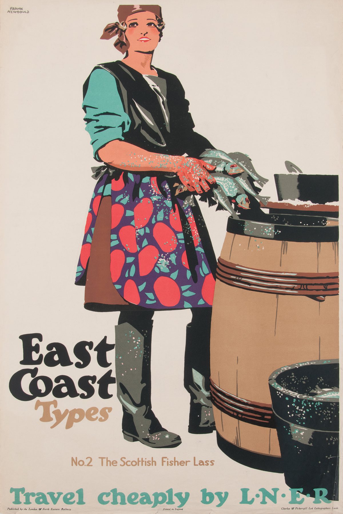 Glamorosos posters de viagem britânicos de Entre as Guerras Artes & contextos FB Frank Newbould British 1887 1951 East Coast Types Travel Cheaply by L.N.E.R. ca. 1930s