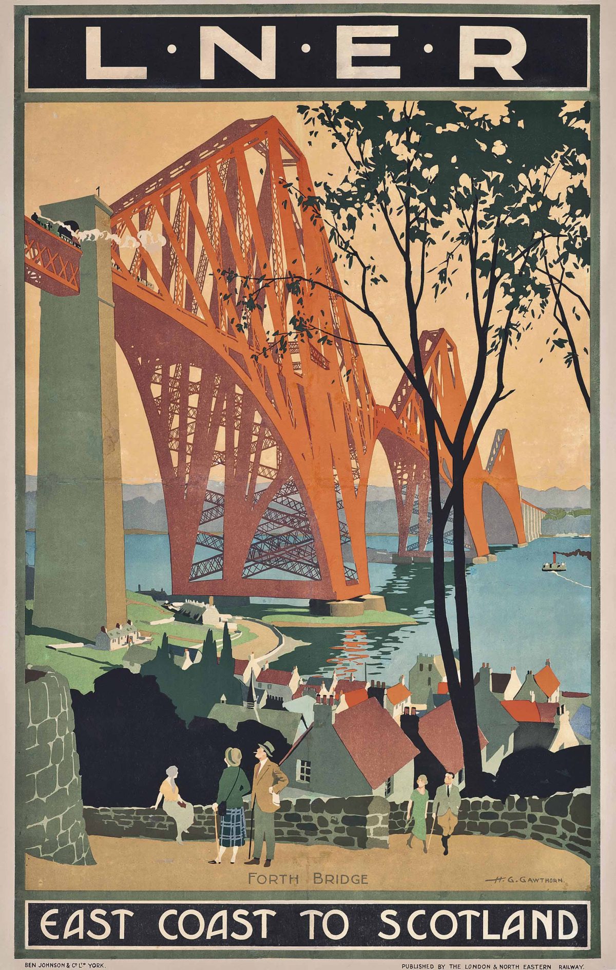 Glamorosos posters de viagem britânicos de Entre as Guerras Artes & contextos Henry George Gawthorn 1897 1941 EAST COAST TO SCOTLAND FORTH BRIDGE