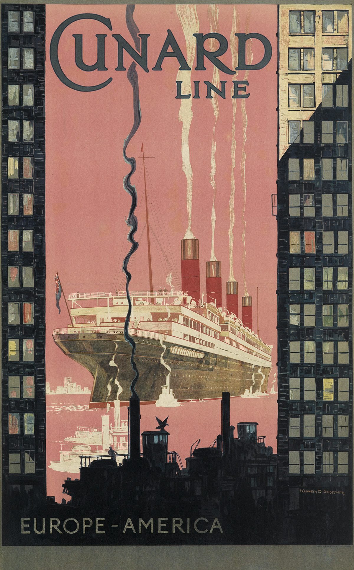 Glamorosos posters de viagem britânicos de Entre as Guerras Artes & contextos KENNETH D. SHOESMITH 1890 1939 CUNARD LINE EUROPE AMERICA AQUITANIA. Circa 1925.