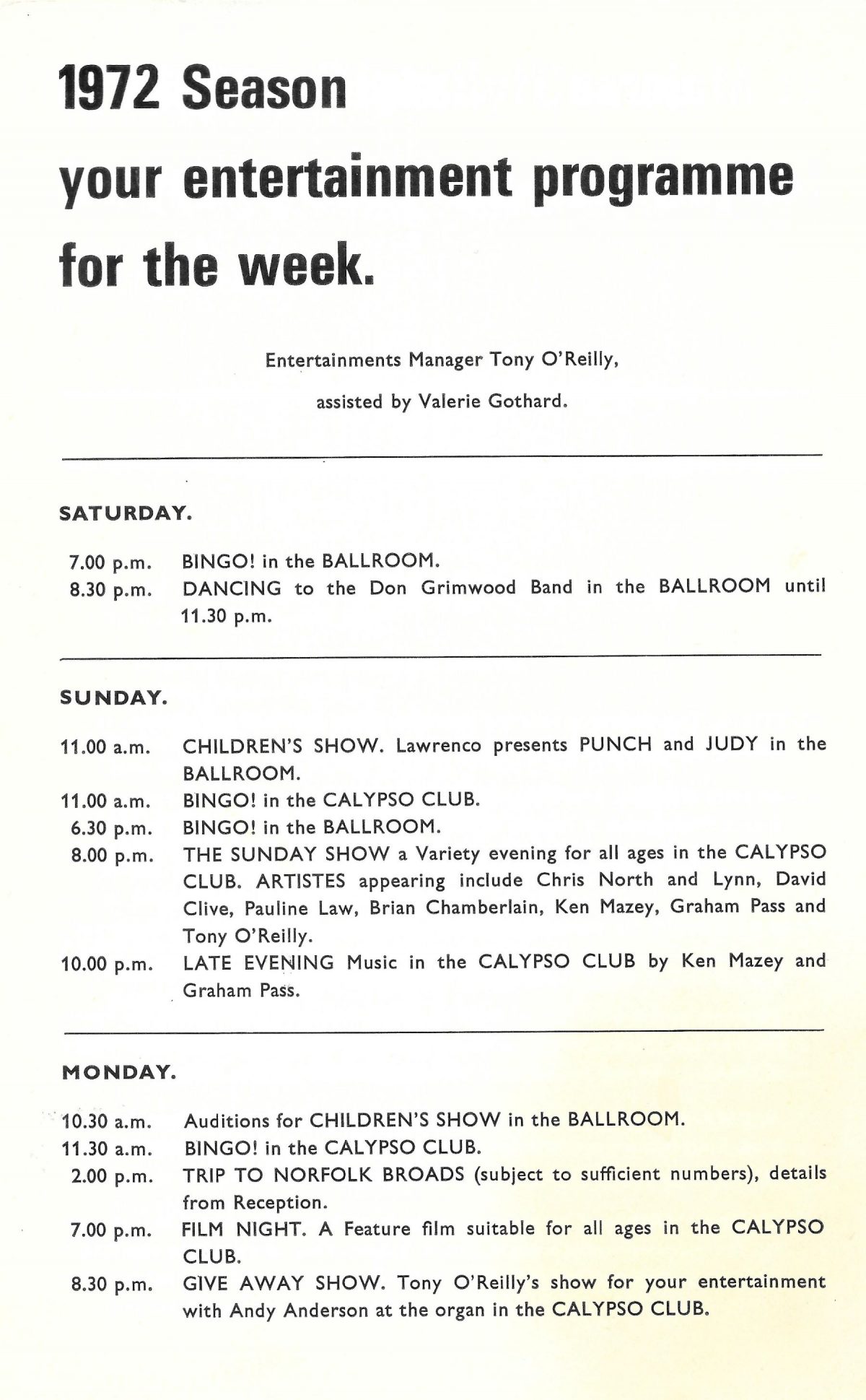 holidays, Norfolk, Hopton-On-Sea, family, photographs, summer, 1972, holiday programme, holiday camp