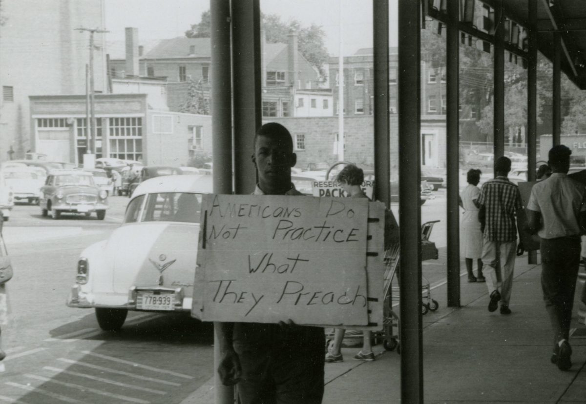Americans Do Not Practice What They Preach- Protester outside Safeway, Farmville Shopping Center, August 1963