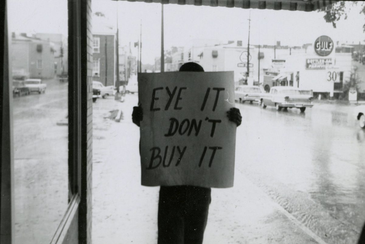 Eye It. Don't Buy It. Protester demonstrating near A&P, Farmville, Va., July 1963