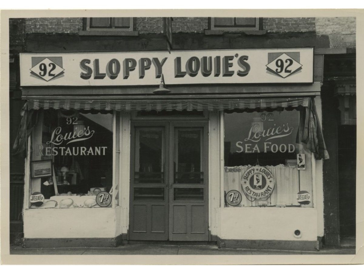 1948 NYC SLOPPY LOUIE'S restaurant on 92 South Street near Fulton Fish Market in Lower Manhattan.