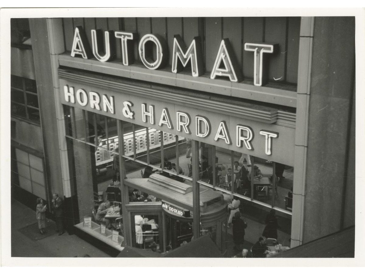 Facade of Automat Horn & Hardart fast food restaurant taken from Third Avenue El platform at 42nd Street and Third Avenue.