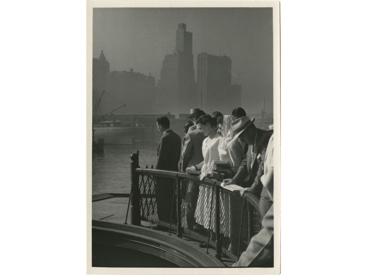 Passengers on the upper deck of a Central Railroad of New Jersey ferry in Jersey City going to Liberty Street in Manhattan 1950