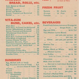 Vita-Sun Café, Lyons' Corner House London 1920s menu - Flashbak