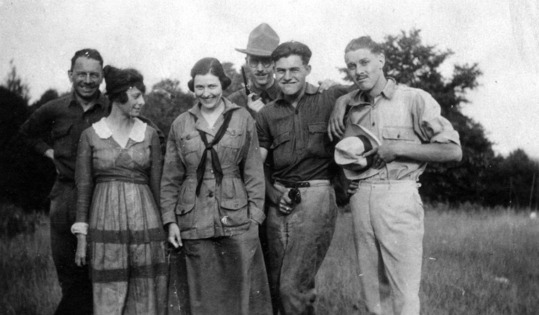 Description: Ernest Hemingway with friends in the Walloon Lake/Petoskey area, Michigan. L-R: Carl Edgar, Katy Smith, Marcelline Hemingway, Bill Horne, Ernest Hemingway, Charles Hopkins. Credit Line: Ernest Hemingway Collection. John F. Kennedy Presidential Library and Museum, Boston. Date: Summer, 1920