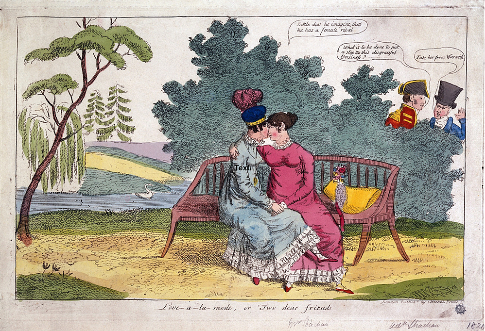 Lady Strachan and Lady Warwick making love in a park, while their husbands look on with disapproval. Coloured etching - c. 1820. Wellcome Collection - Postcard