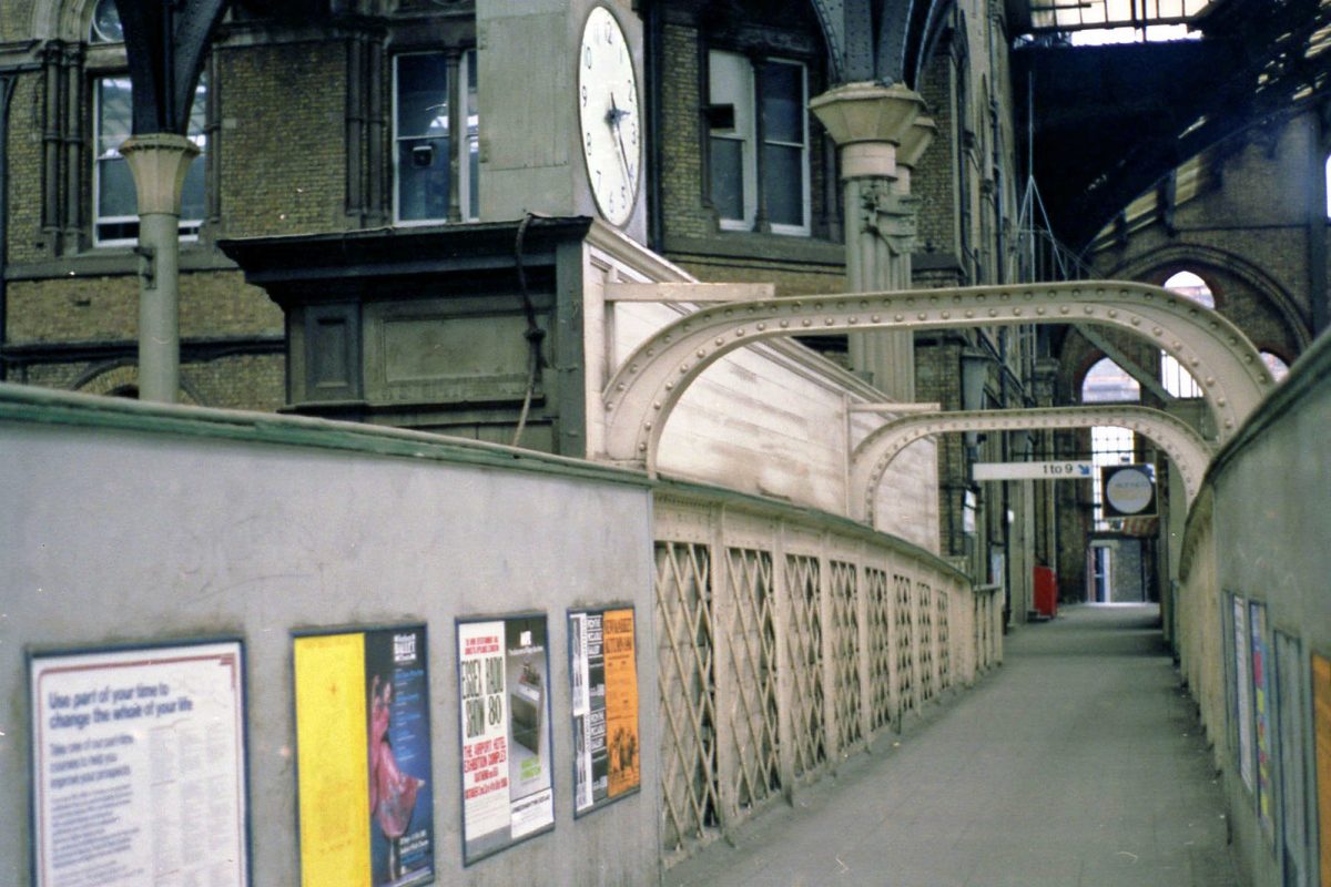 Liverpool St station footbridge 27 Sept 1980 This shows the back of the departures board looking west.