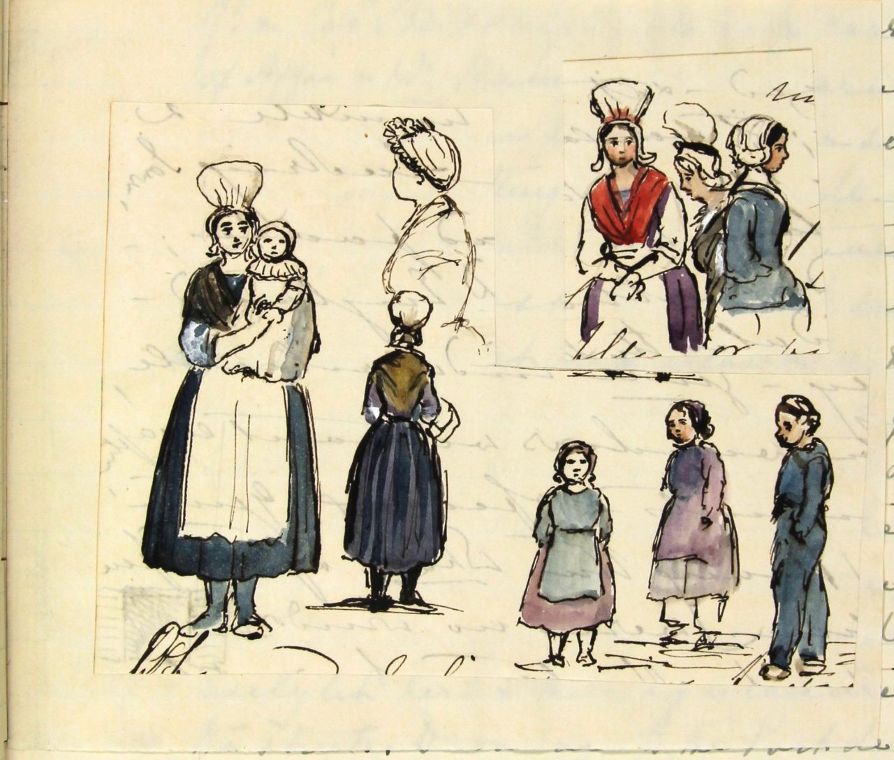 Journal Illustration- Tuesday 18th August 1857 Women and children of  Cherbourg- pen and ink sketches with watercolour, by Queen Victoria -  Flashbak