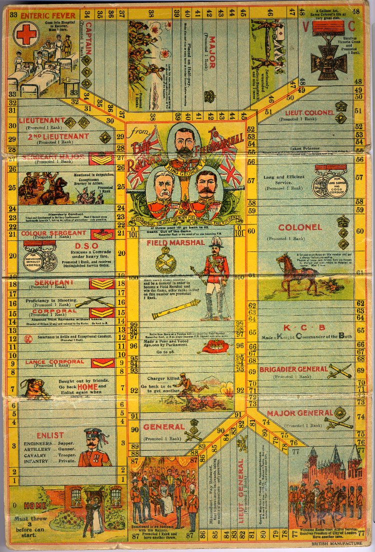 The Ranks to Field Marshall First World War board game with portraits of George V and Field Marshals French and Kitchener. Anonymous artist. Manufactured in Britain as a process print on a board.