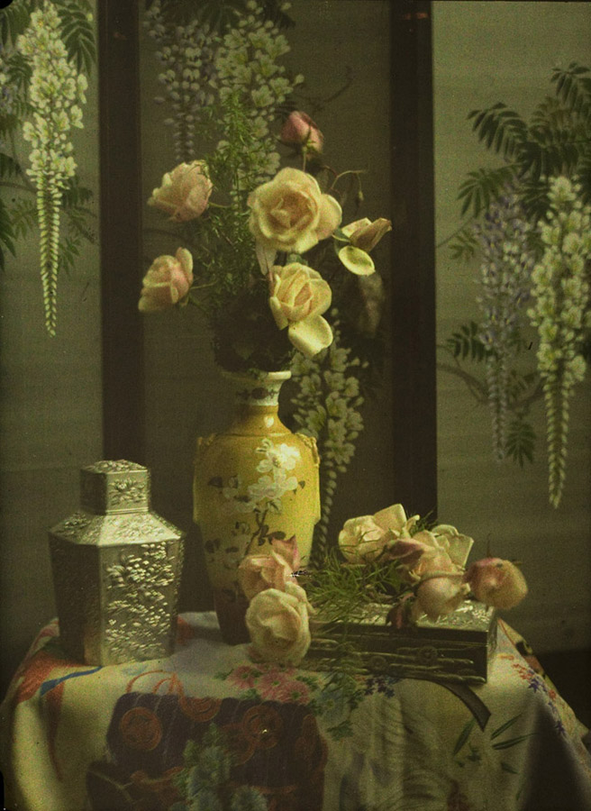 Charles Corbet, Still life with vase and roses - c. 1910, autochrome