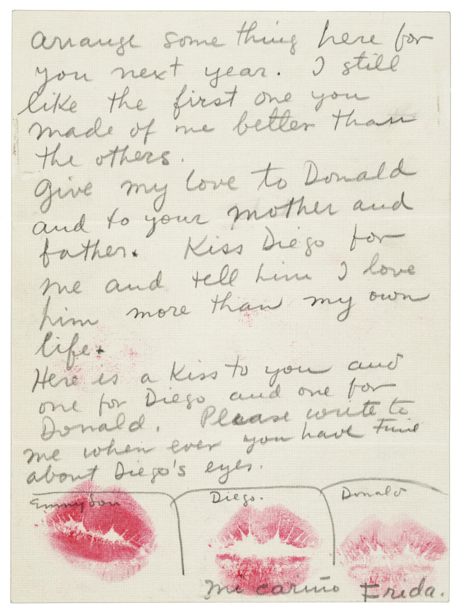  Finally, we close out with a letter Frida Kahlo sent to her friend Emmy Lou Packard in 1940, where she thanked Packard for taking care of Diego during an illness. The letter gets sealed, Priscilla Frank notes at HuffPo, with three lipstick kisses — “one for Diego, one for Emmy Lou, and one for her son.”