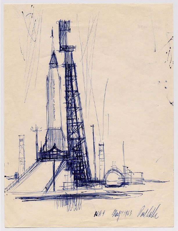 Rocket and Gantry (ball point pen on paper) 1963 by Paul Calle