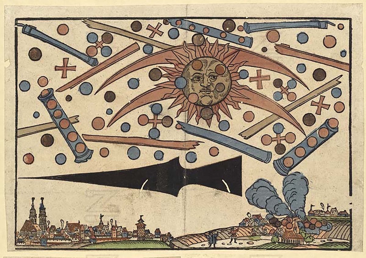 The celestial phenomenon over the German city of Nuremberg on April 14, 1561, as printed in an illustrated news notice in the same month fight