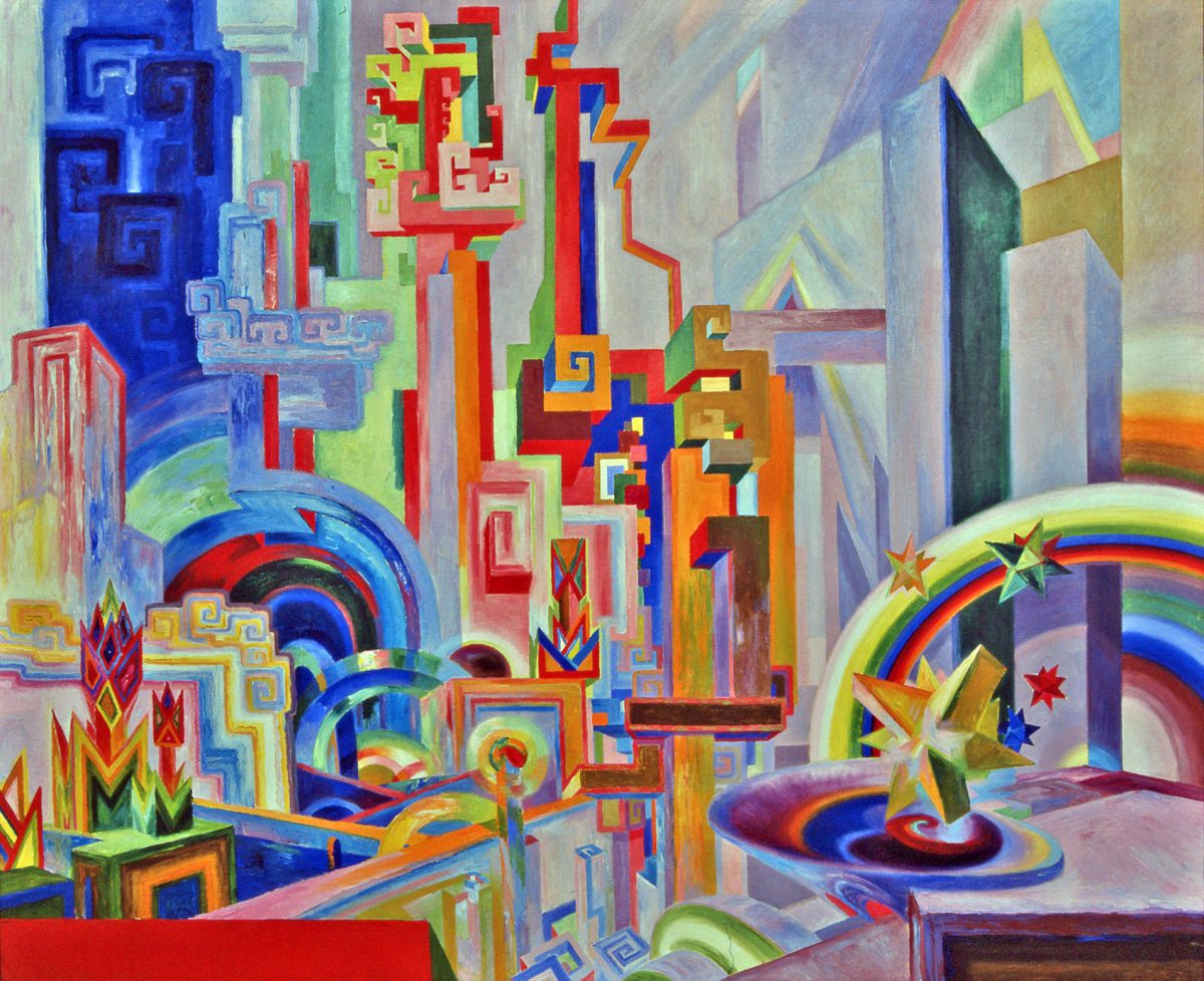 Utopian Buildings is a Futurist oil on canvas painting created by Wenzel Hablik in 1922.