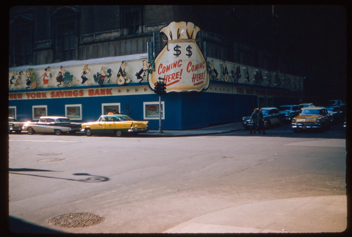 Coming Here! New York Savings Bank. 1958. Location unknown. Kodachrome transparency, photographer unknown. Personal:private collection of Jan Wein.