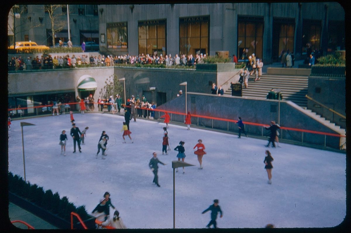 Ice Skating at 30 Rockefeller Center, Hanan Linen Shop in background - circa 1958, found Kodachrome transparency, photographer unknown, person:private collection of Jan Wein