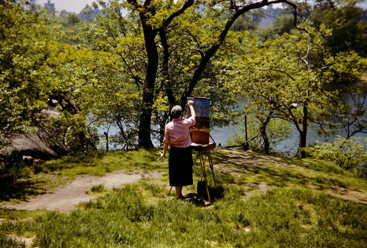 Sunday painter of a plein air composition of the pond in in Central Park. Found Kodachrome, photographer unknown, date likely the 1950s, personal, private collection of Jan Wein.