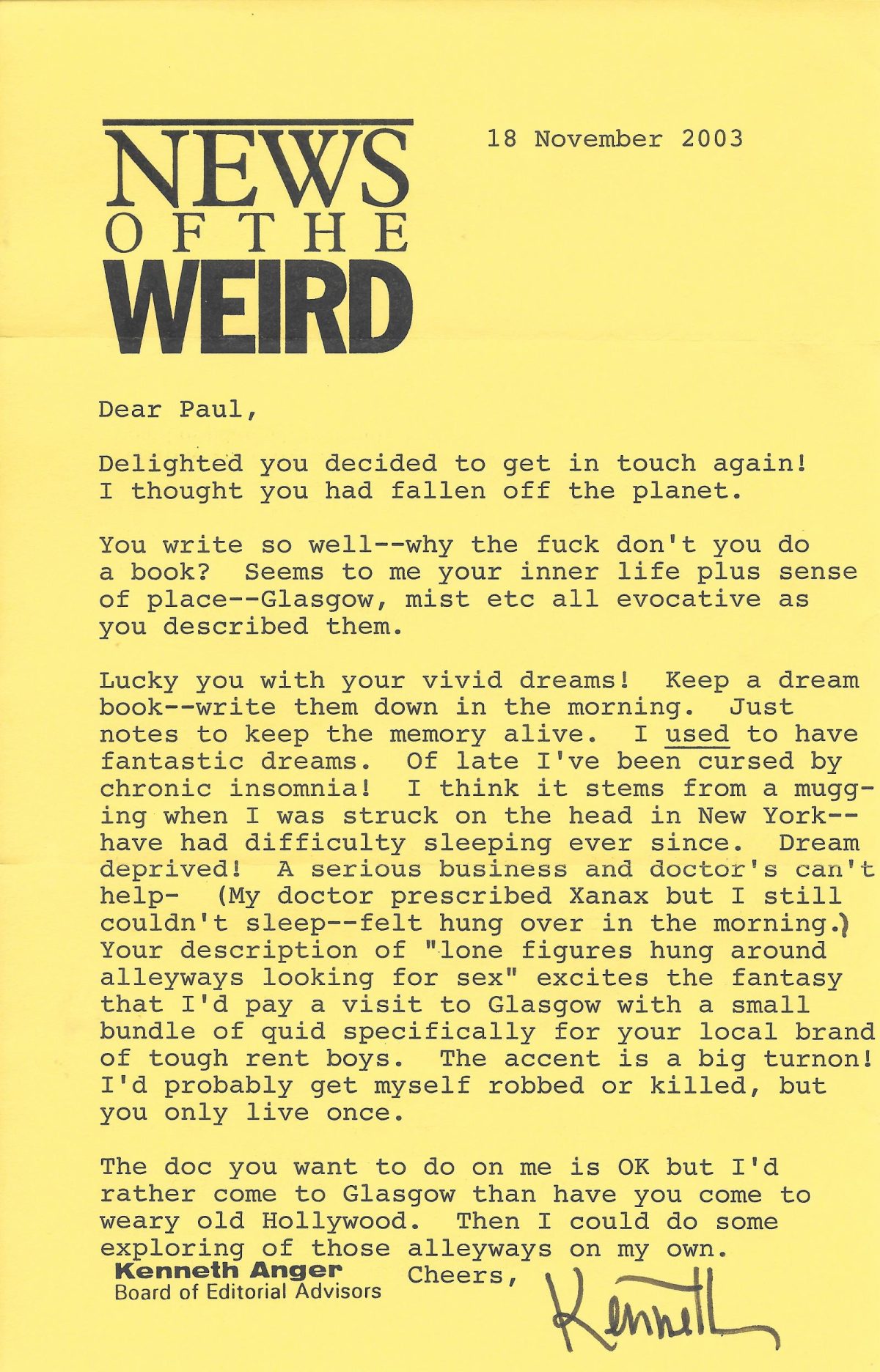 Kenneth Anger, filmmaker, art, queer, letters, Glasgow, Paul Gallagher
