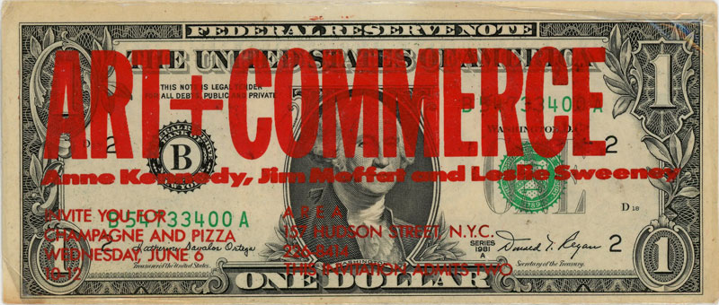 AREA, Art + Commerce, Invite for Exhibition with Leibovitz & Mapplethorpe, Printed on Dollar Bill, June 6, 1984