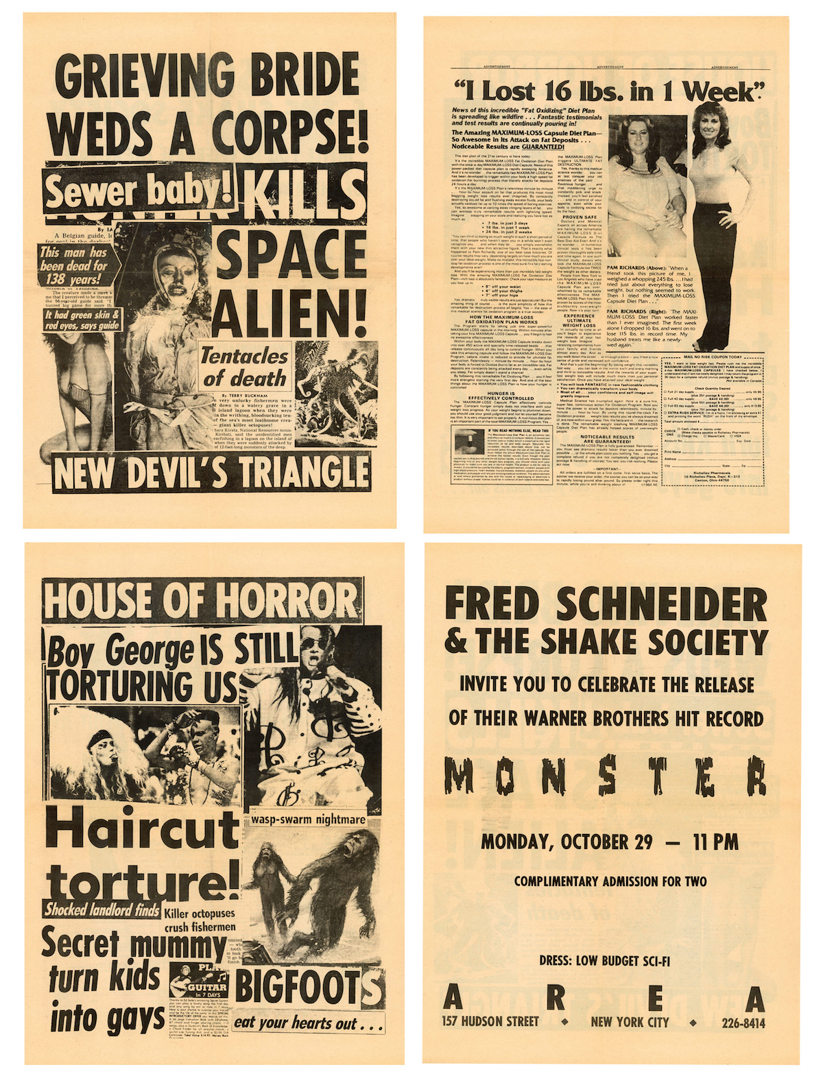 AREA Nightclub, Fred Schneider & The Shake Society invite you to Celebrate the Release of Their Record “Monster,” Satirical 4-Page Folded Newspaper, October 29, 1984