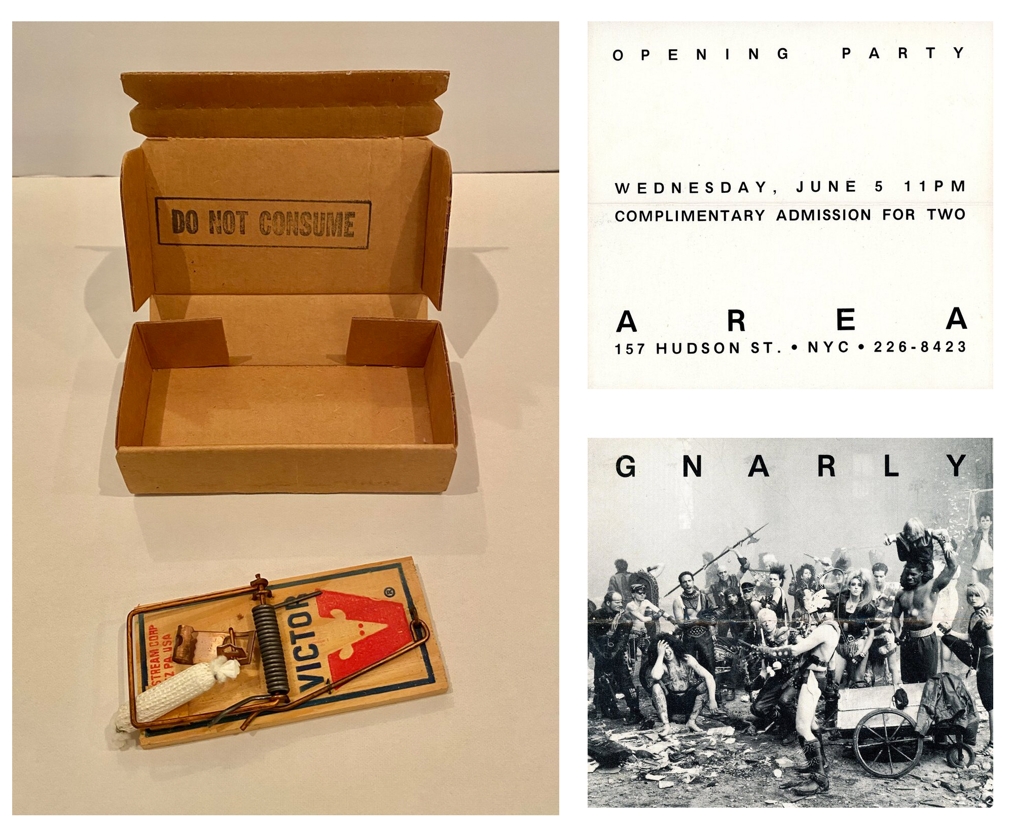 AREA Nightclub, Gnarly- Opening Party, Card with Mousetrap and Box, June 5, 1985