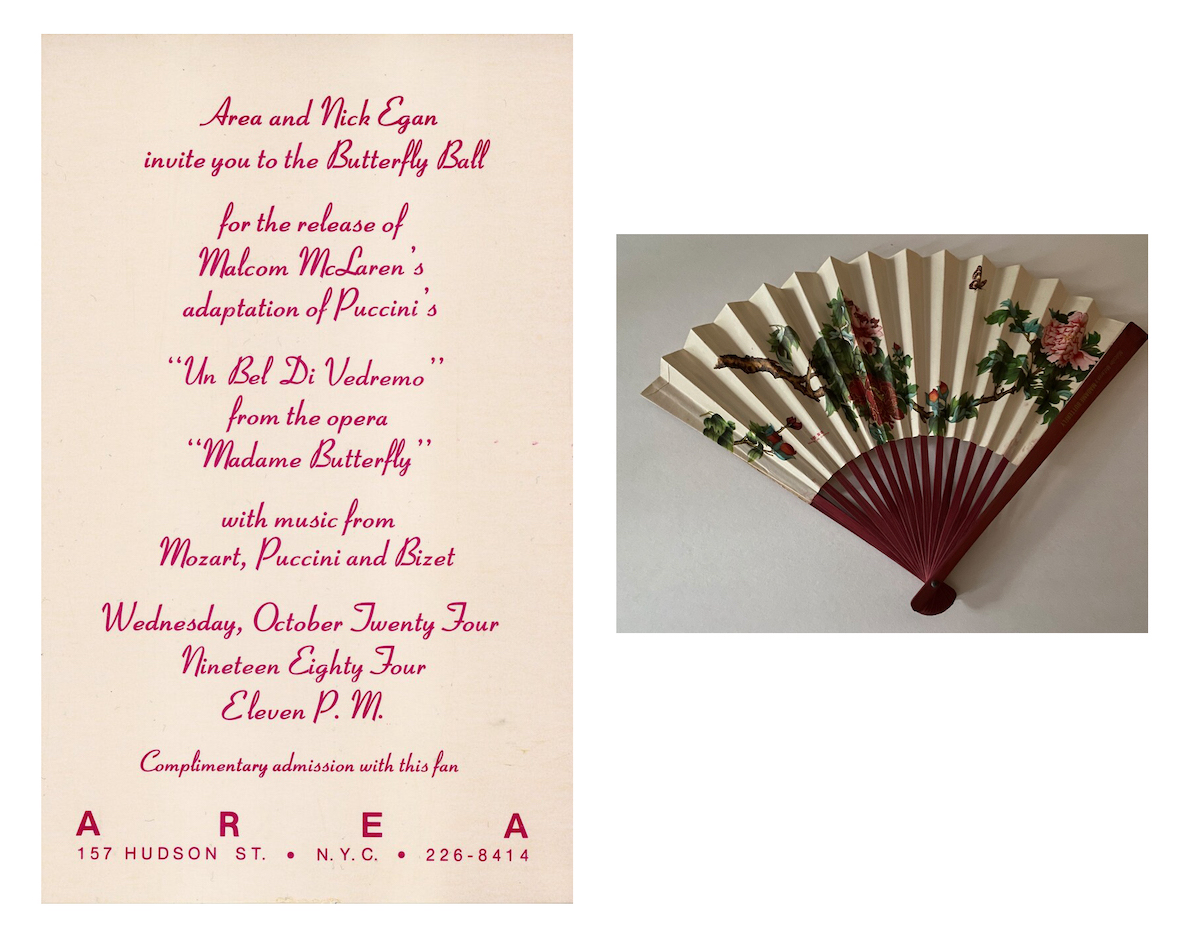 AREA Nightclub, Malcolm McClaren’s Madame Butterfly and The Butterfly Ball, Invitation Card with Fan included, October 24, 1984