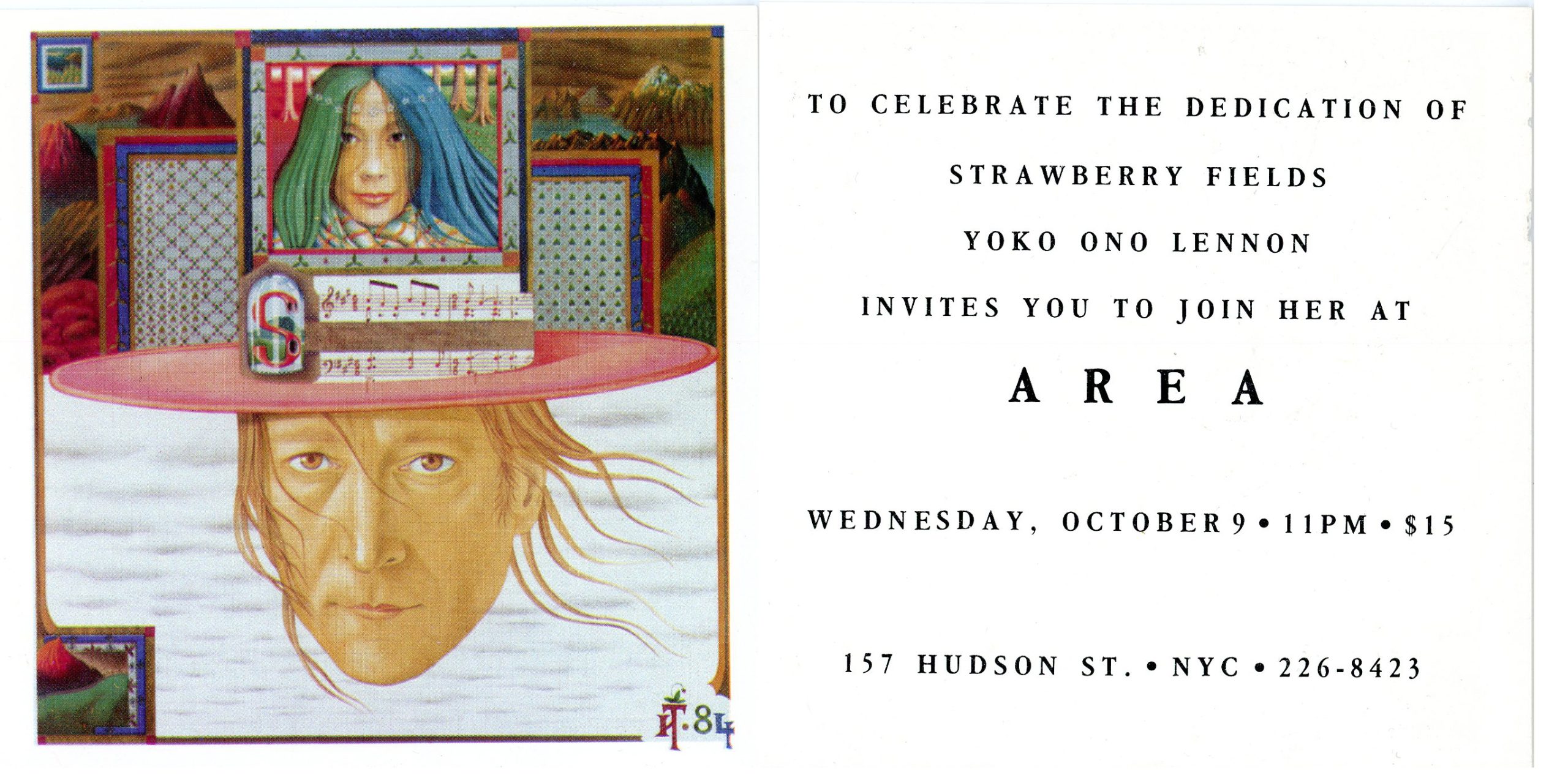 AREA Nightclub, “Yoko Ono Lennon Invites You to Join Her at Area to Celebrate the Dedication of Strawberry Fields,” Card, October 9, 1985