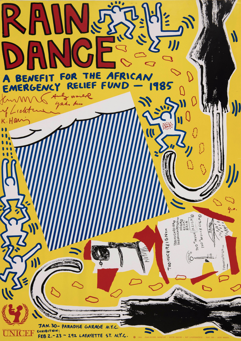 Keith Haring, Jean-Michel Basquiat, Andy Warhol, Roy Lichtenstein, Yoko Ono, Rain Dance: A Benefit for the African Emergency Relief Fund, Large Poster, Exhibition at 292 Lafayette; Benefit Party at Paradise Garage, 1985